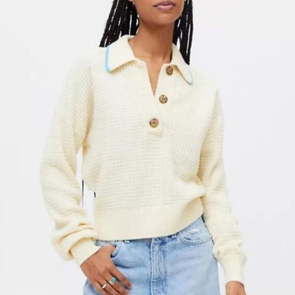 BDG Urban Outfitters women's cream blue waffle knit button up sweater sz small - Picture 9 of 9